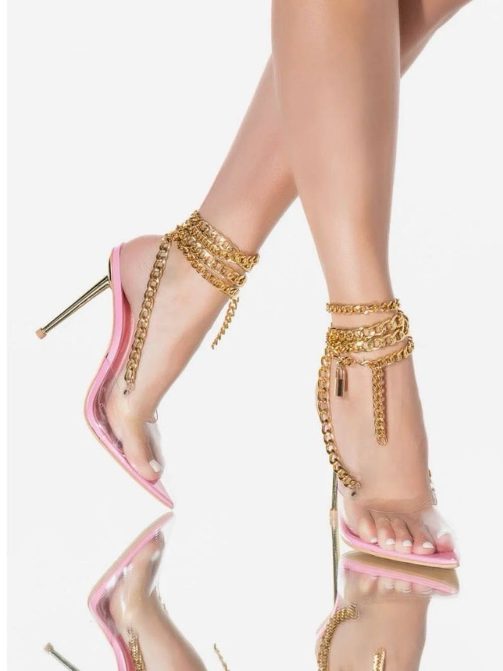 Pink Clear Stiletto Mule with Gold Chain Accent